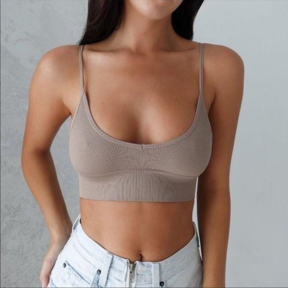 Minimalist Low Back Bralet Crop Top bra TAN NUDE - Picture 3 of 10